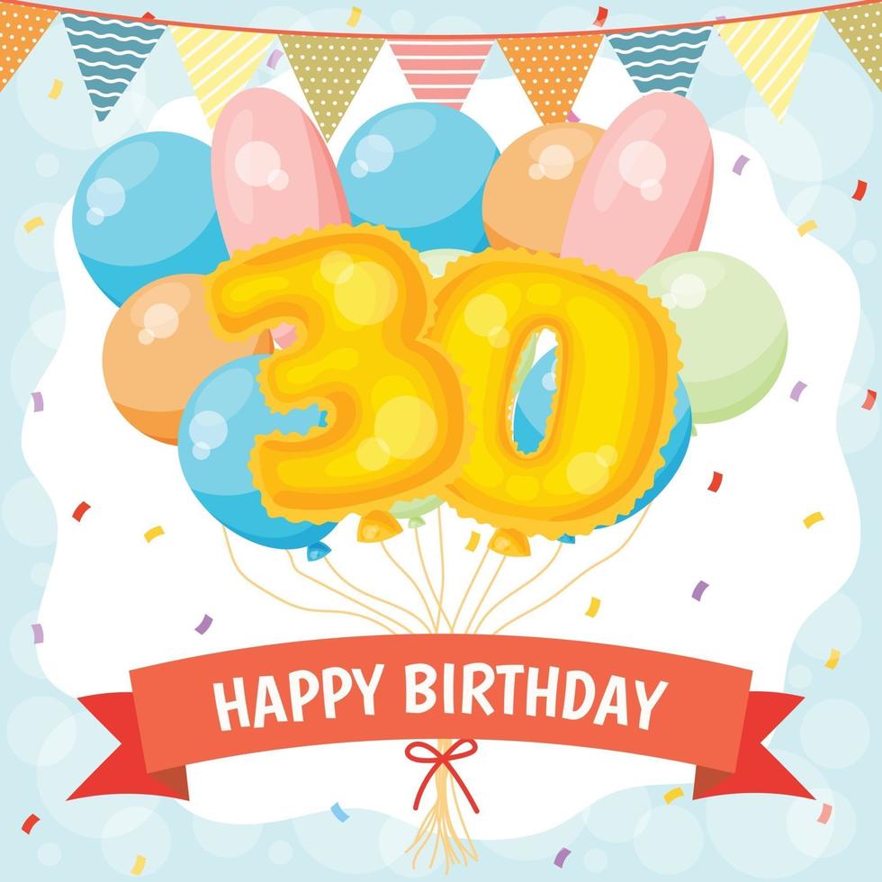 Tarjeta de celebración de feliz cumpleaños con globos número 30 vector