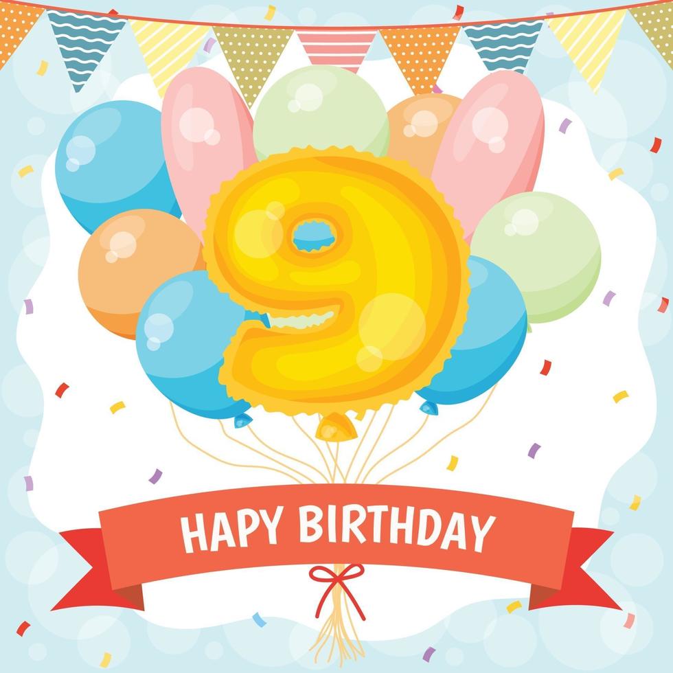 Happy birthday celebration card with number 9 balloon vector