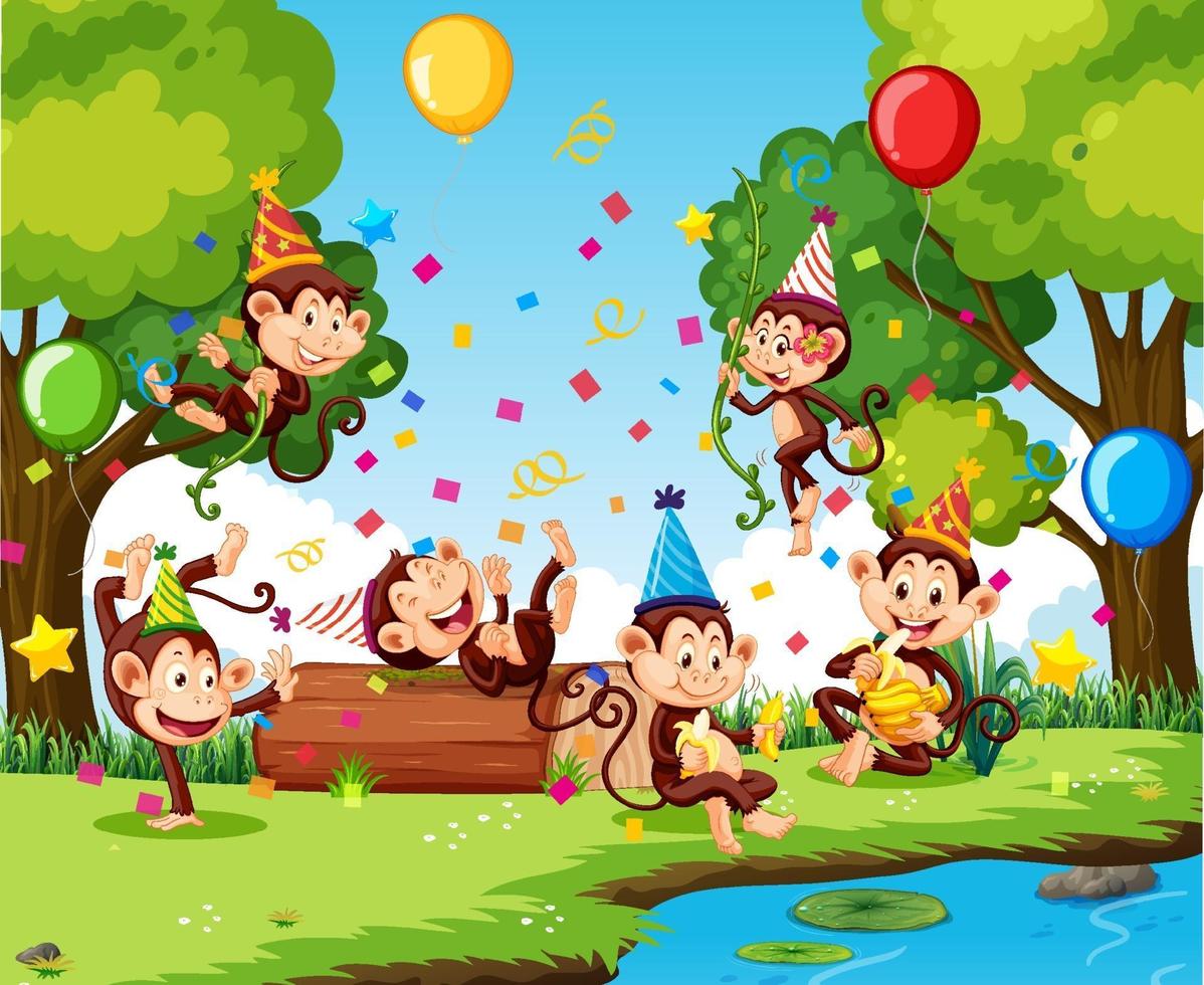 Monkey group in party theme cartoon character on forest background vector