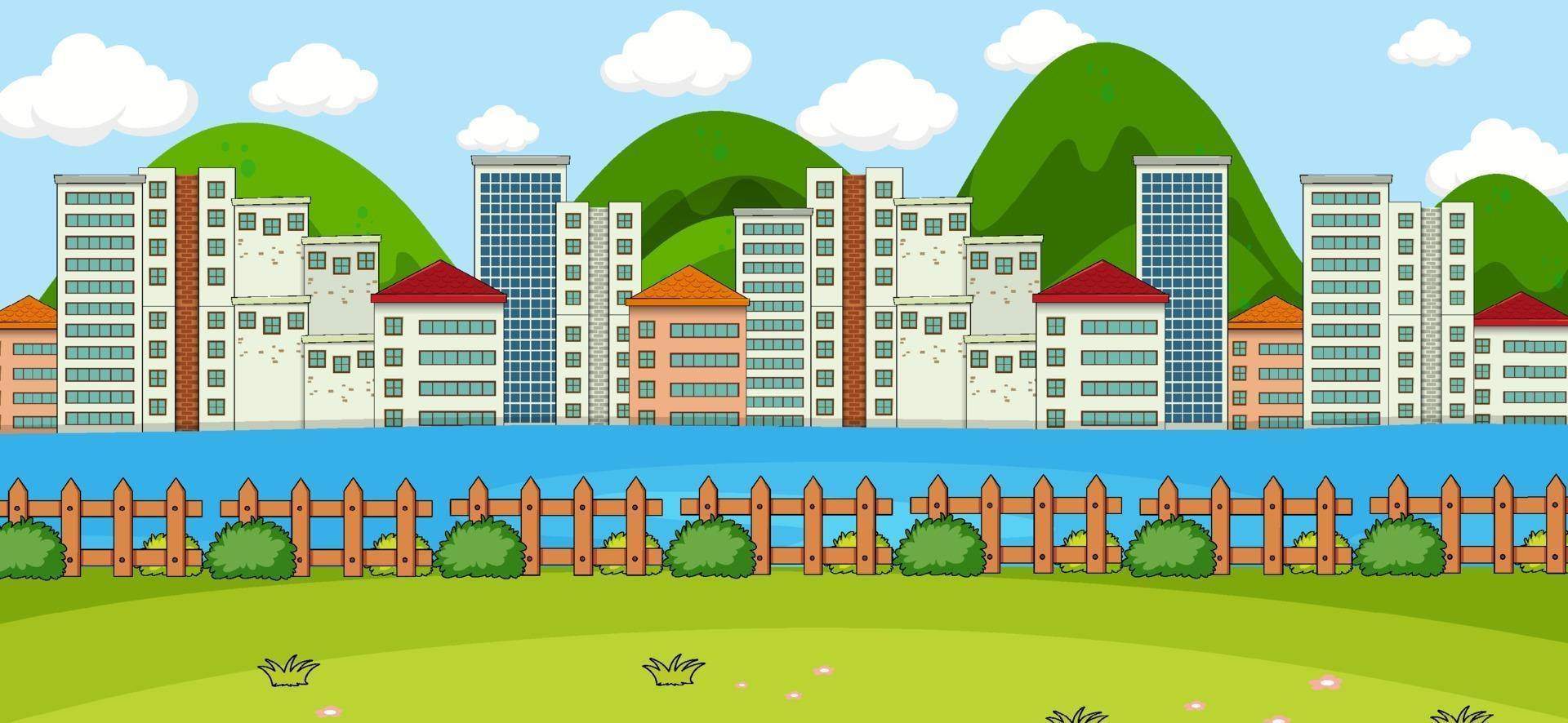 Horizontal scene with park and cityscape background vector