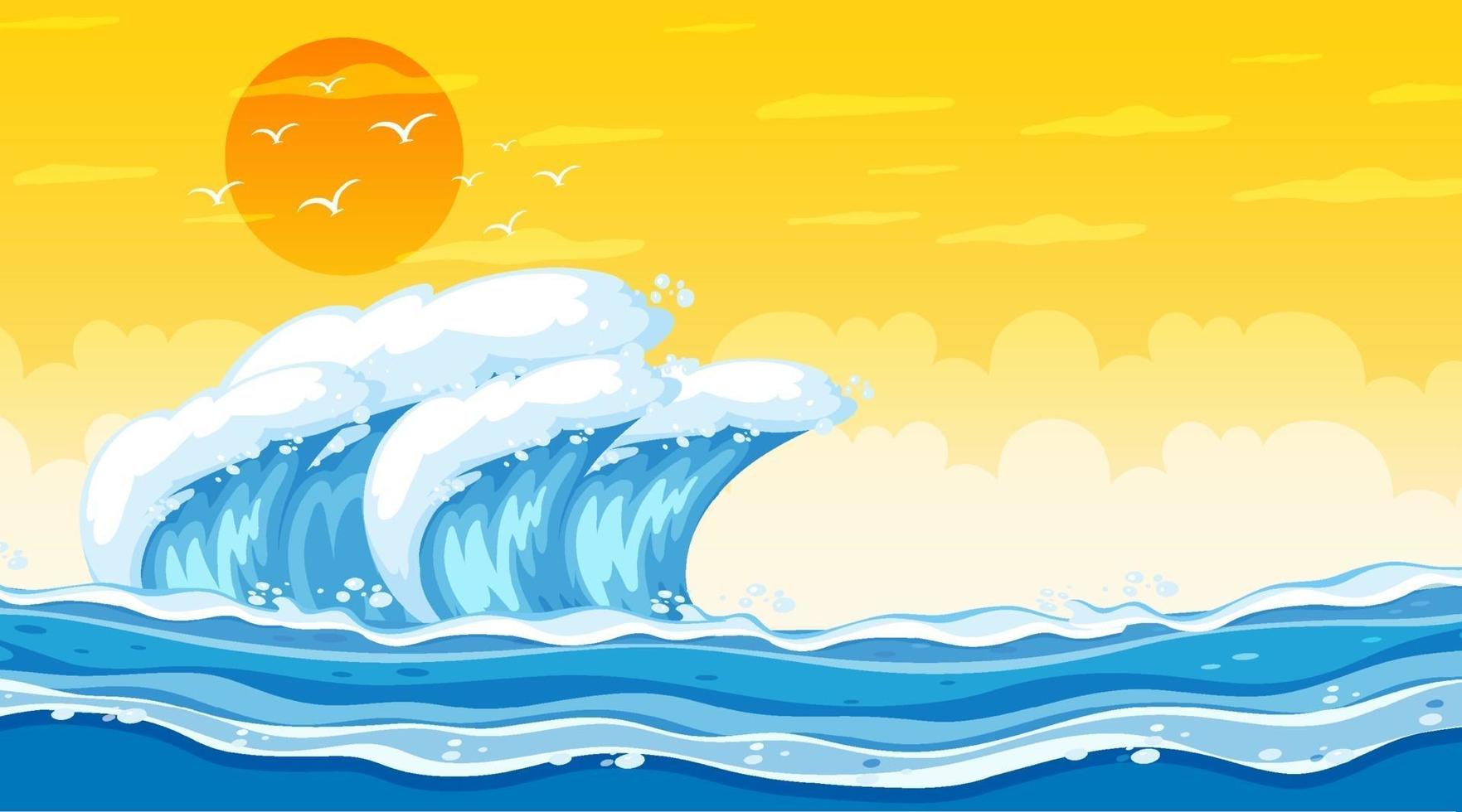 paisaje de playa en la escena del atardecer con olas del mar vector