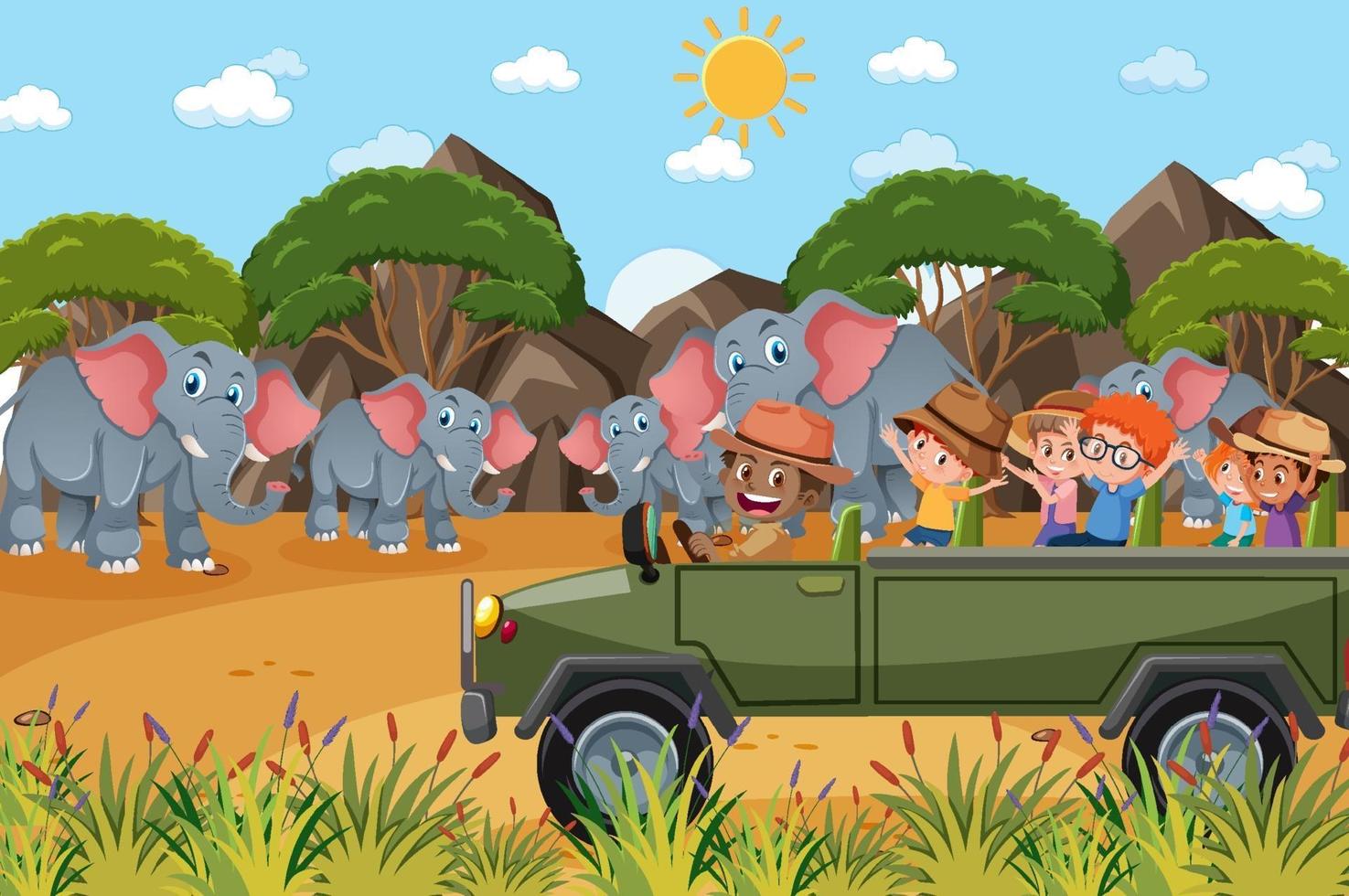 Children on tourist car watching elephant group in the zoo scene vector