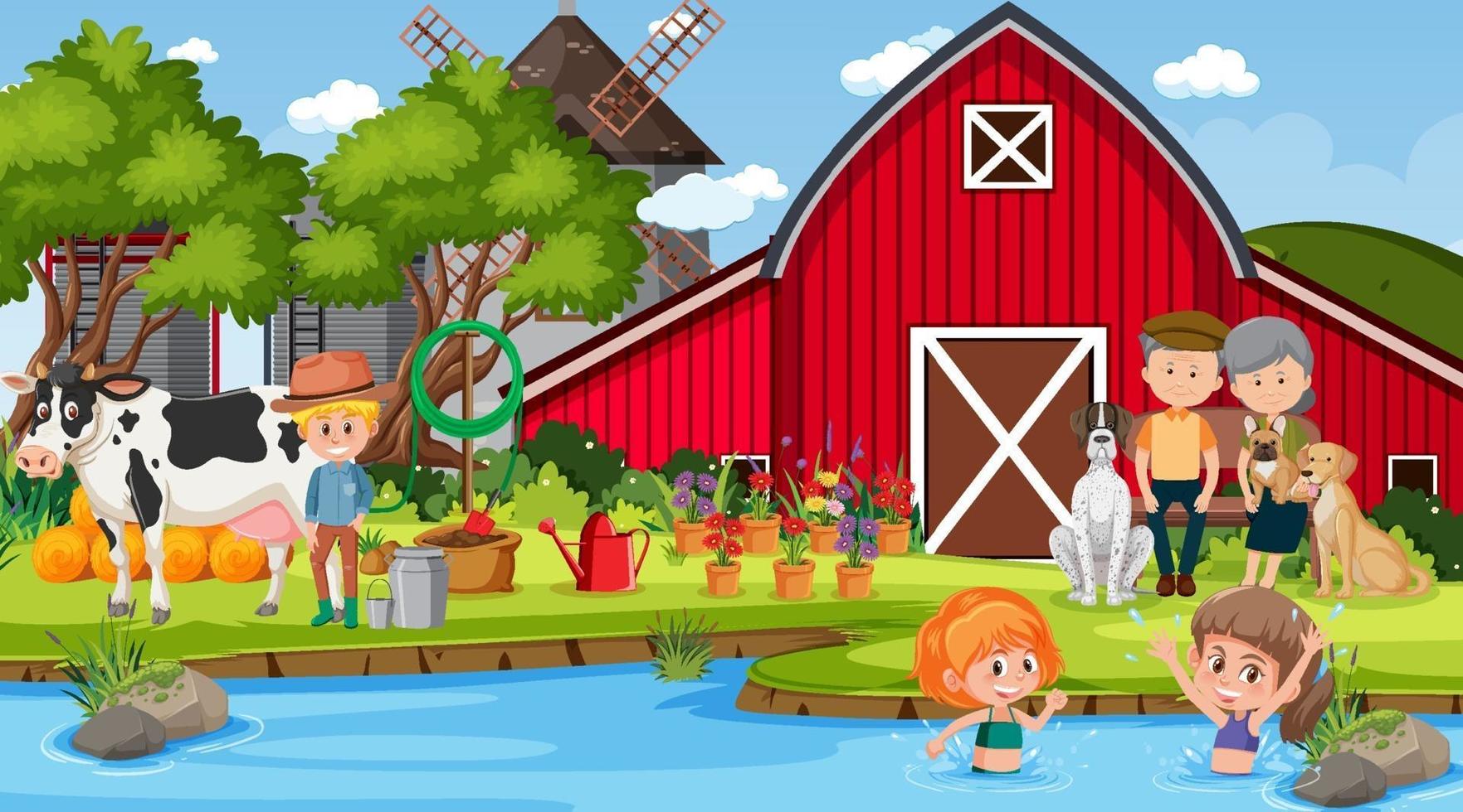 escena de la granja con muchos niños y animales de granja. vector