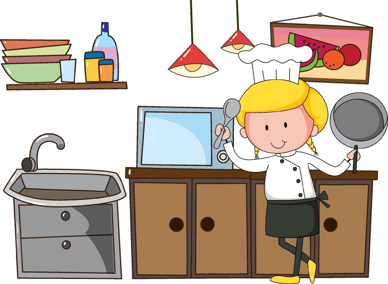 Little chef with kitchen equipments on white background vector