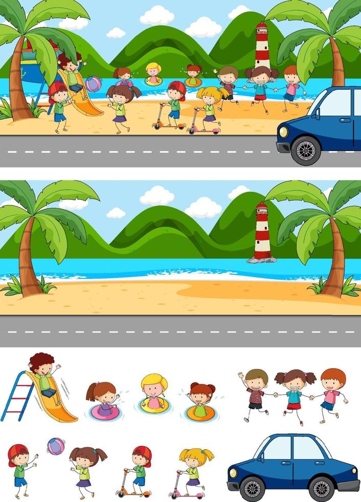 Conjunto de fondo de diferentes escenas horizontales con personaje de dibujos animados de niños doodle vector