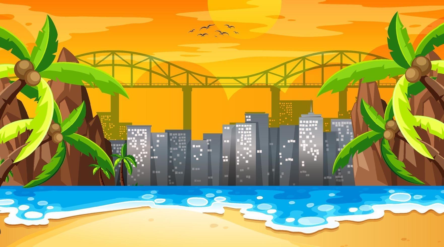 Escena de paisaje de playa tropical al atardecer con fondo de paisaje urbano vector