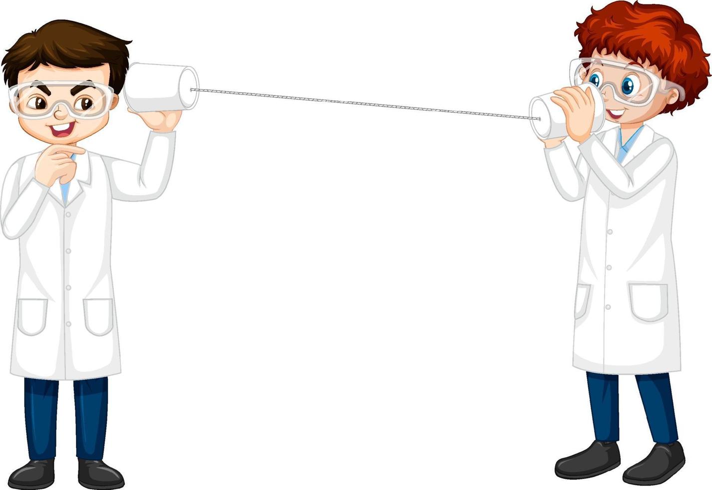 Two scientist boy doing string phone experiment vector