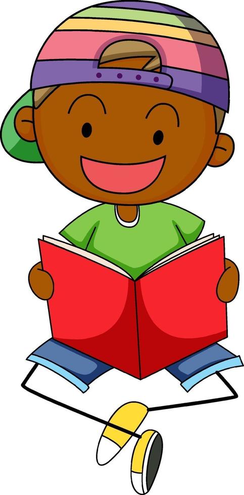 A doodle kid reading a book cartoon character isolated vector