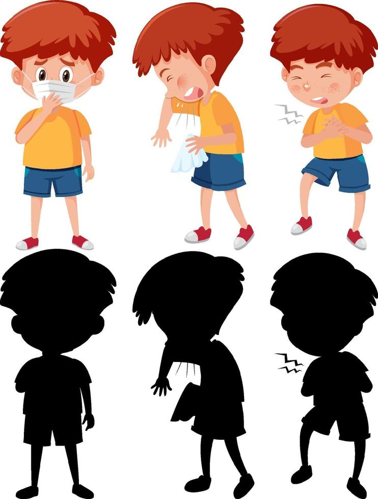 conjunto de un personaje de dibujos animados de niño en diferentes posiciones con su silueta vector