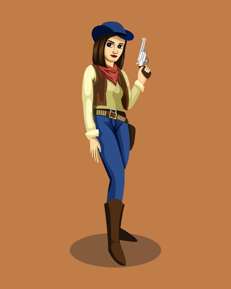 A cute cowgirl standing, smiling and holding a gun. vector