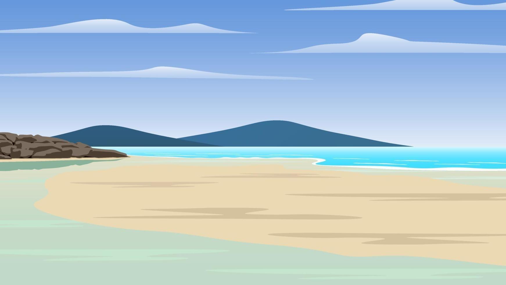 a seaside scenery, sandy beach, rocks with an island in front. vector