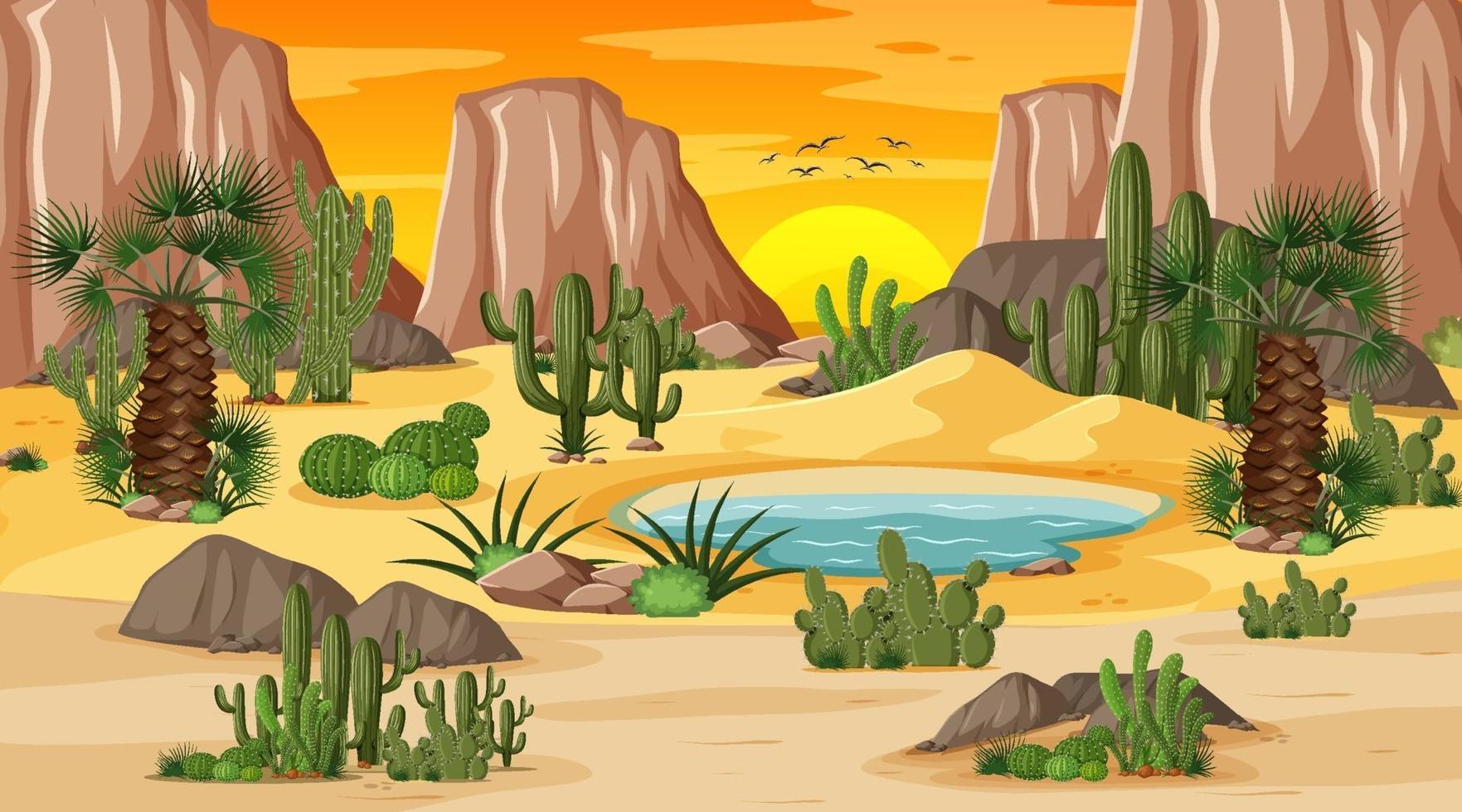Desert forest landscape at sunset scene with oasis vector