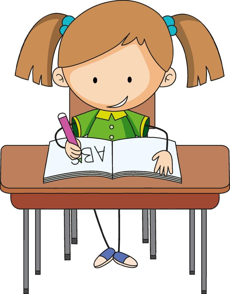 A girl doing homework doodle cartoon character vector