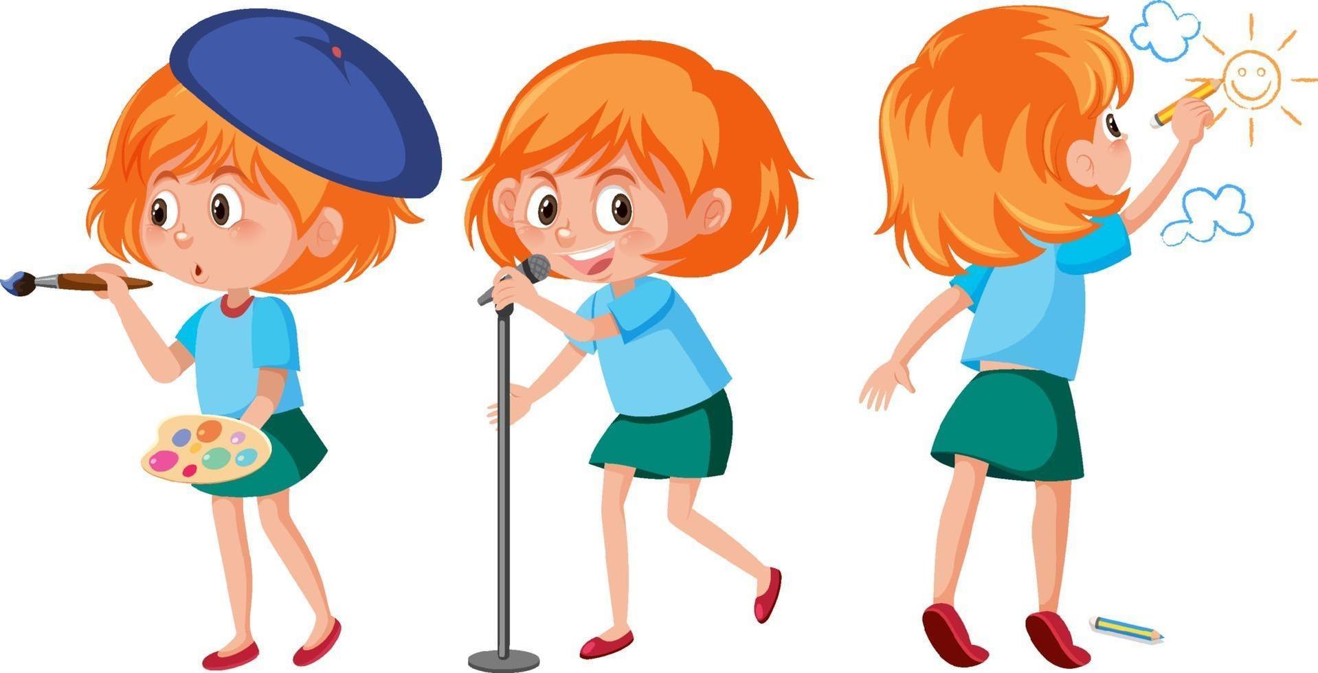 conjunto de una niña haciendo diferentes actividades. vector