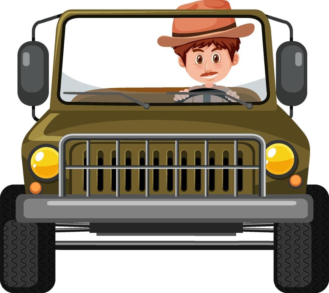 Zoo concept with driver man in jeep car isolated vector