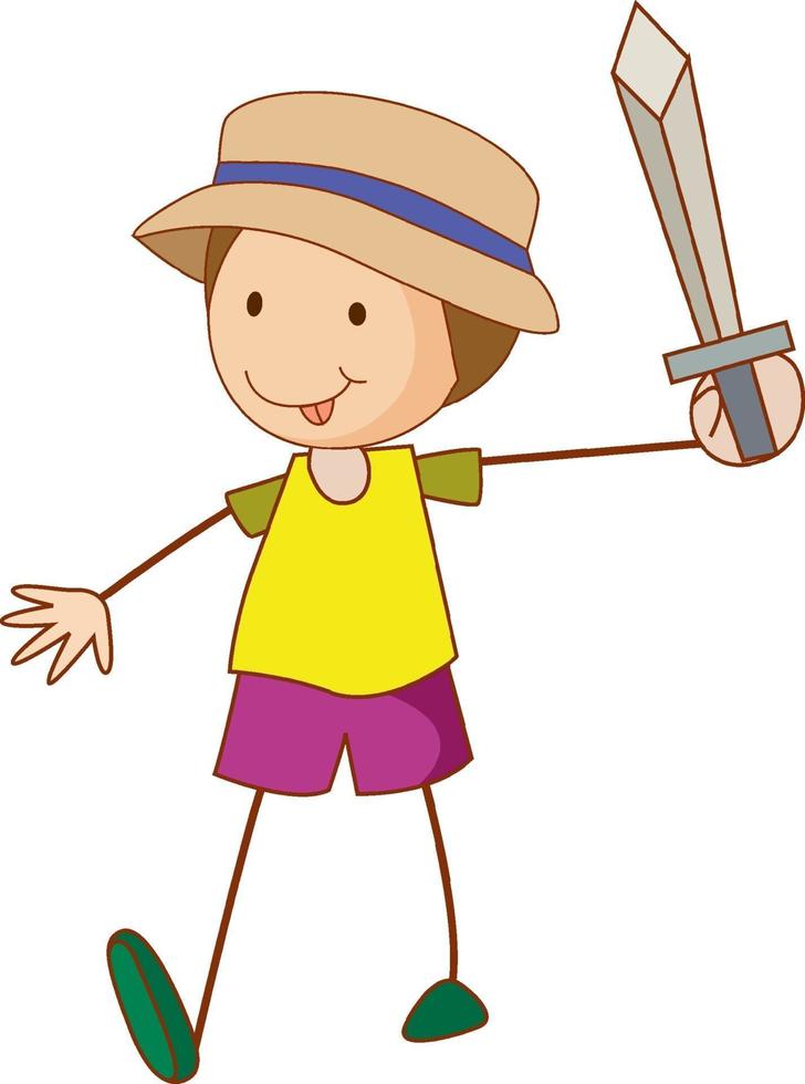 A doodle kid holding a sword cartoon character isolated vector