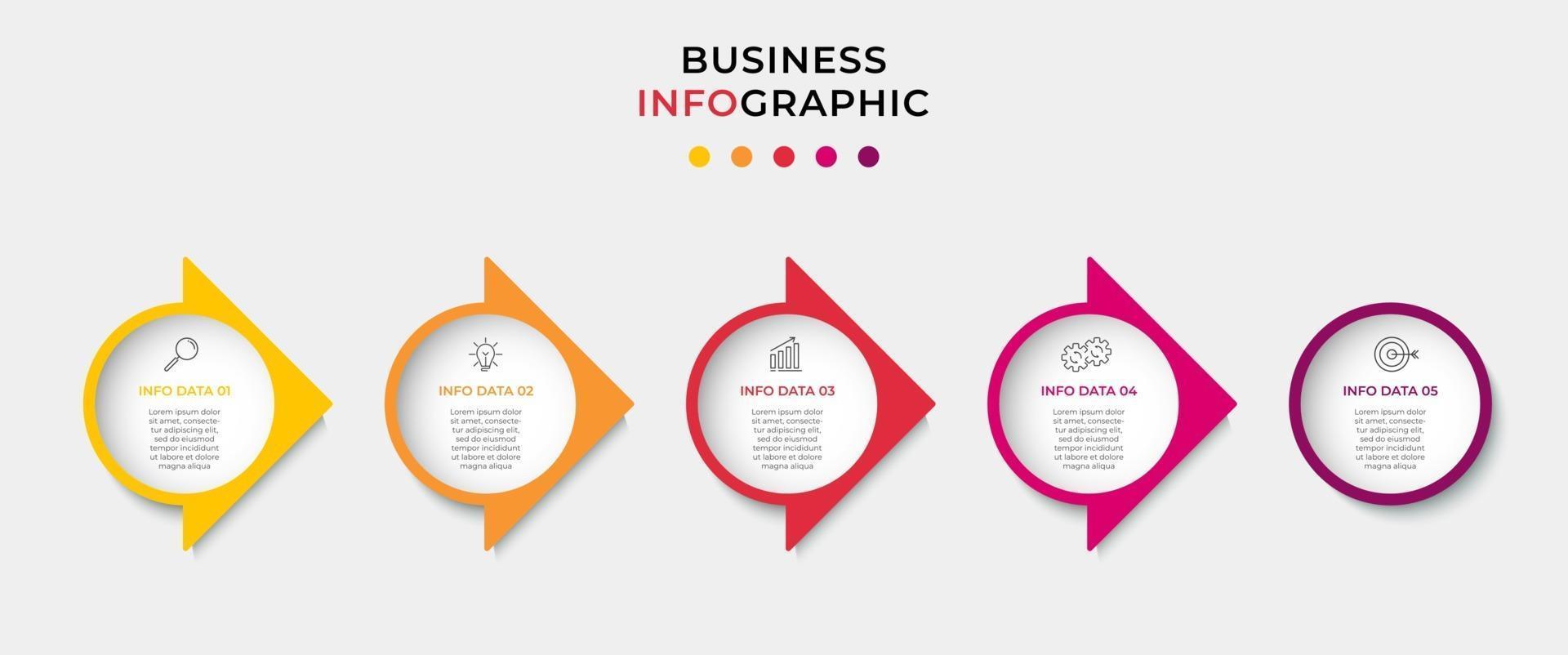 Plantilla mínima de infografías de negocios. línea de tiempo con 5 pasos, opciones e iconos de marketing. Infografía lineal de vector con dos elementos conectados en círculo. se puede utilizar para presentaciones