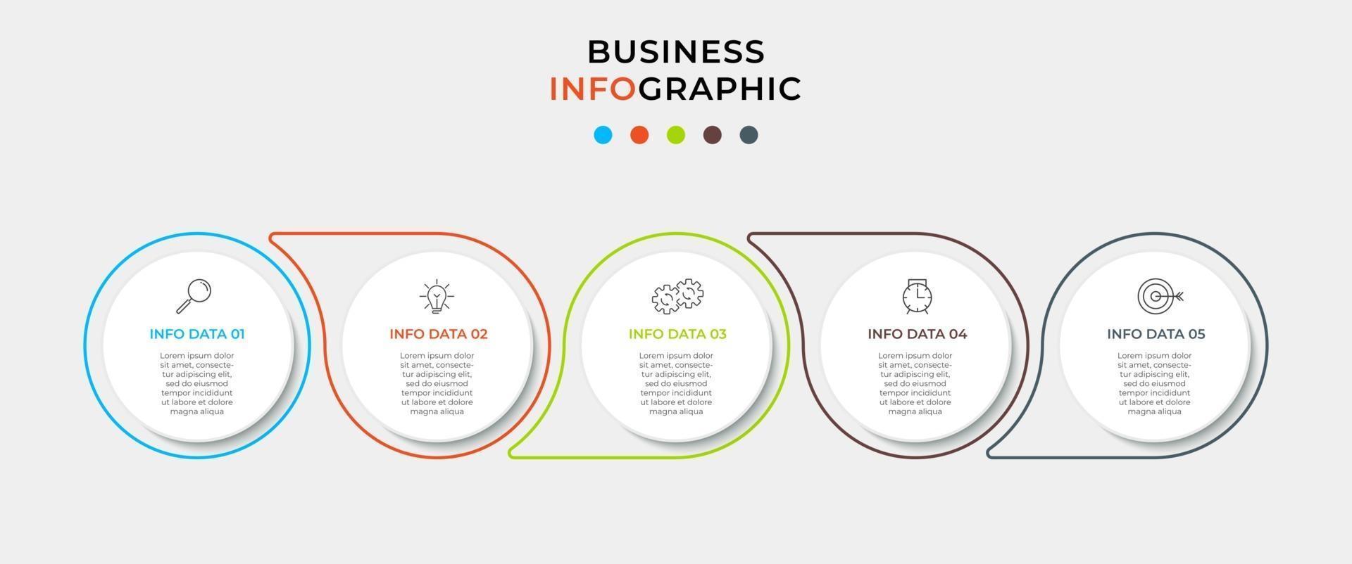 Plantilla mínima de infografías de negocios. línea de tiempo con 5 pasos, opciones e iconos de marketing. Infografía lineal de vector con dos elementos conectados en círculo. se puede utilizar para presentaciones