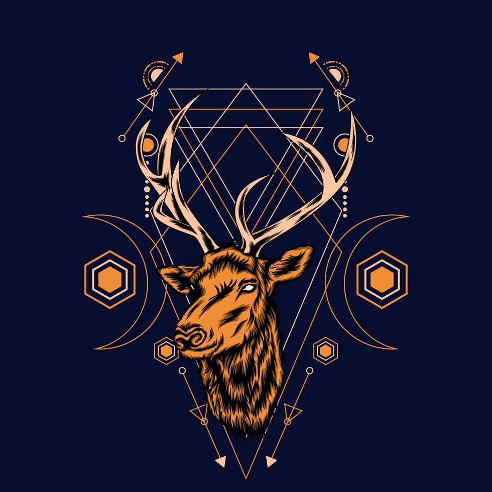 Deer head with sacred geometry pattern on black background-vector retro illustration vector