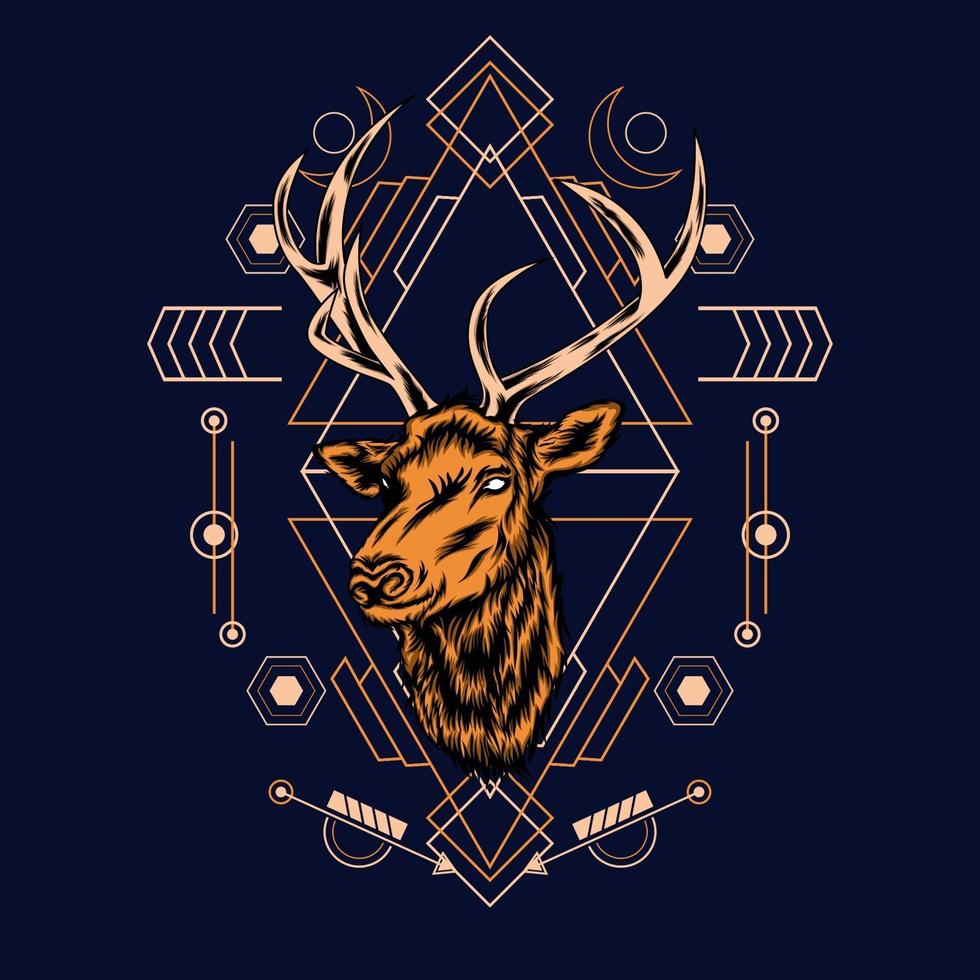 Deer head with sacred geometry pattern on black background-vector retro illustration vector