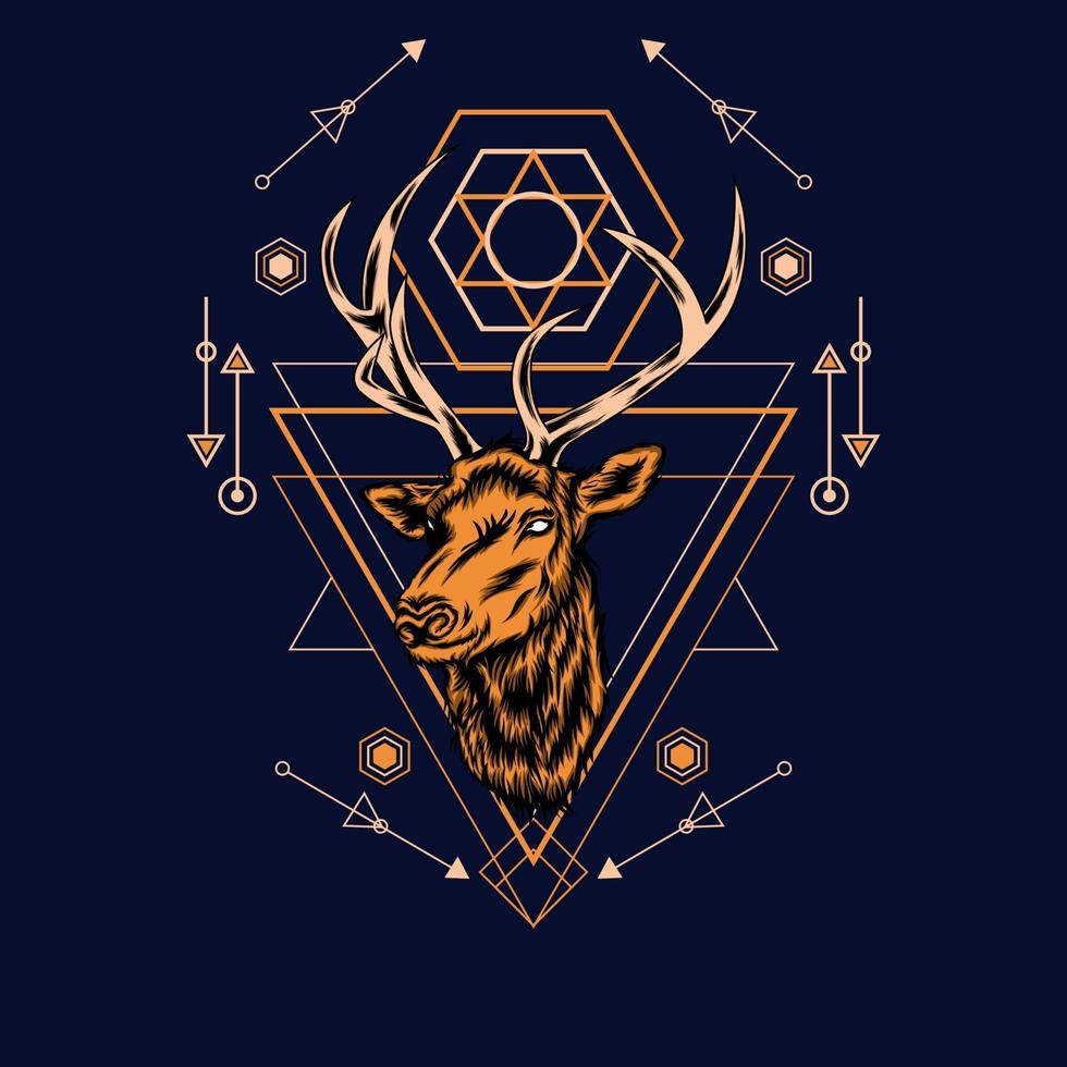 Deer head with sacred geometry pattern on black background-vector retro illustration vector