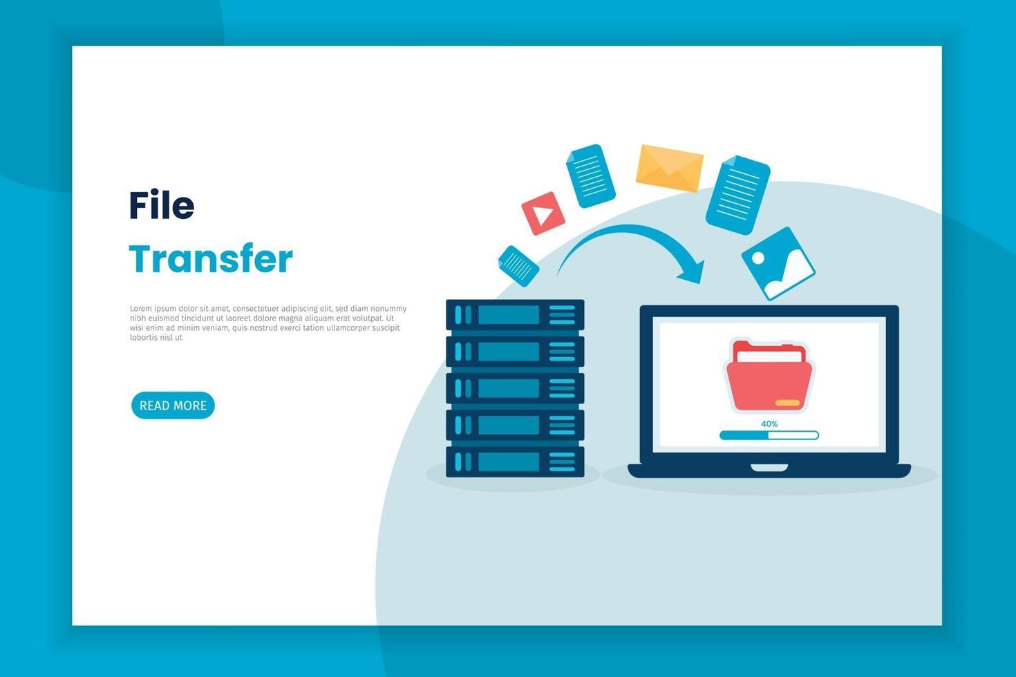 Ilustración de diseño plano de transferencia de archivos del servidor a la computadora portátil vector