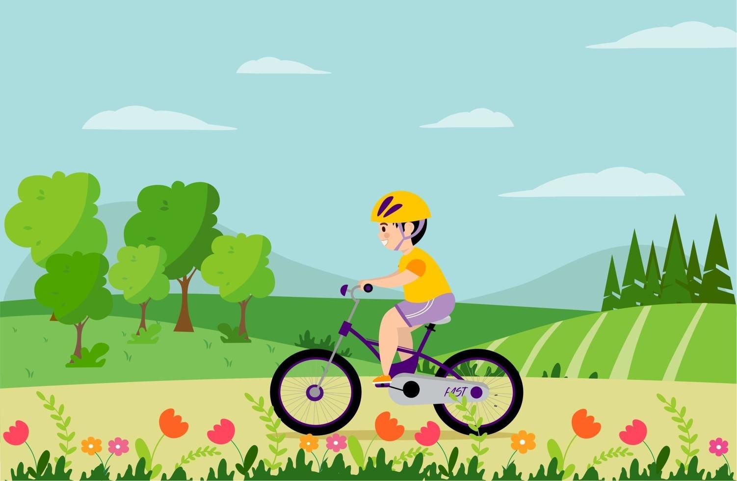un niño con un casco montando en el parque en el fondo de un campo, árboles, montañas vector