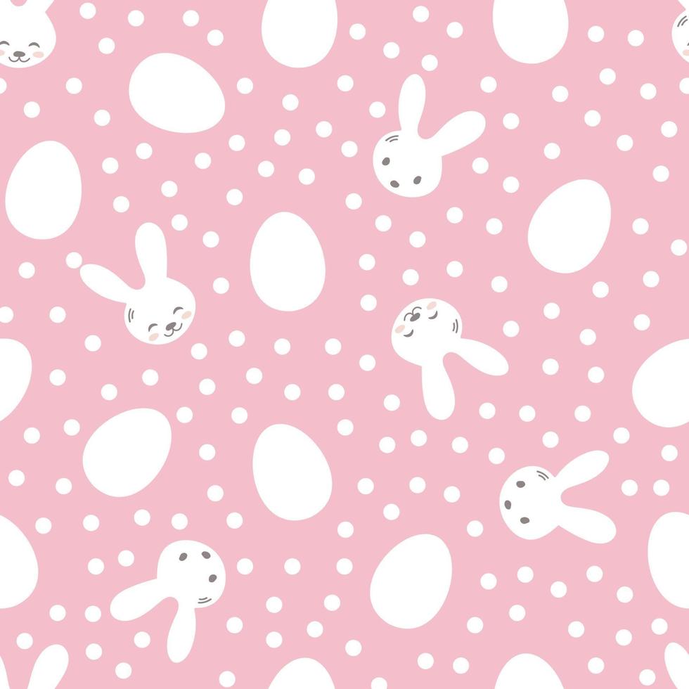 Seamless pattern with cute rabbit muzzles, flat handdrawn style. Surface design with little bunnies and Easter eggs. Kittens pretty heads and painted eggs. Vector illustration