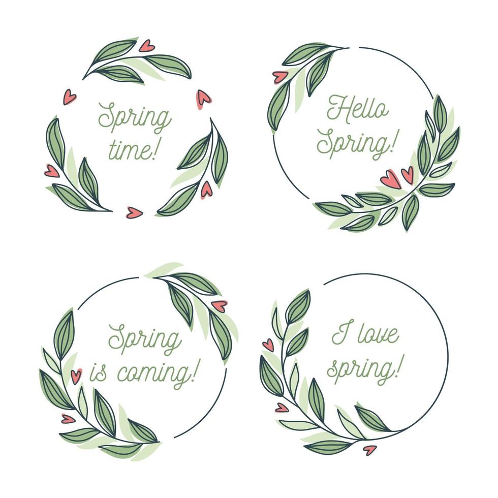 Hello spring, Spring is coming floral wreath collection, hand drawn vector illustration isolated on white. Decorative round frames with flowers and leaves, ink sketch