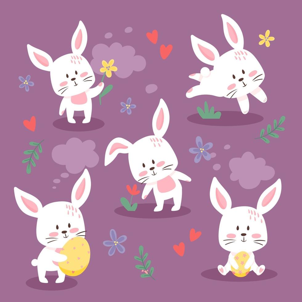 conjunto de lindos conejitos de pascua. preciosa colección de conejitos. ilustración vectorial, estilo plano de dibujos animados. pequeños gatitos en diferentes poses, sosteniendo flores y huevos, aislados. vector