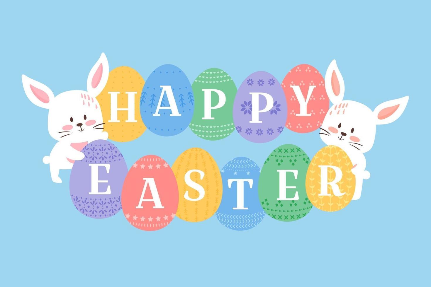 Easter background vector illustration, cute flat cartoon style. Baby rabbits with decorated eggs. Bunny holding ornated eggs with Happy Easter heading. White kitten muzzles and eggs.