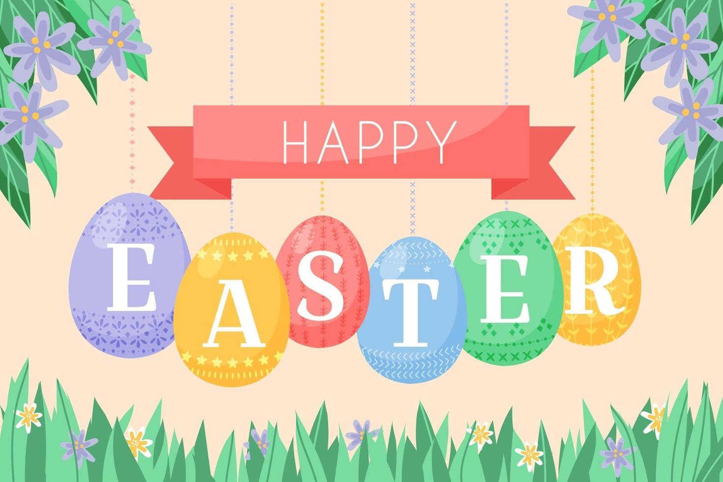 Easter background vector illustration, cute flat cartoon style. Decorated eggs hanging on cords and chains. Happy Easter heading, fresh spring grass and lush foliage with flowers.