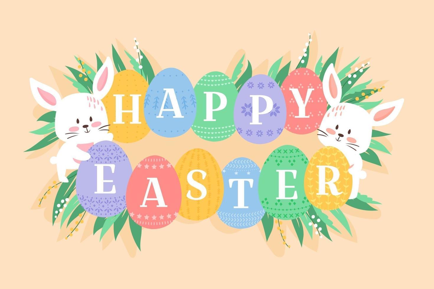 Easter background vector illustration, cute flat cartoon style. Baby rabbits with decorated eggs. Bunny holding ornated eggs with Happy Easter heading. White kitten muzzles and eggs among fresh grass.