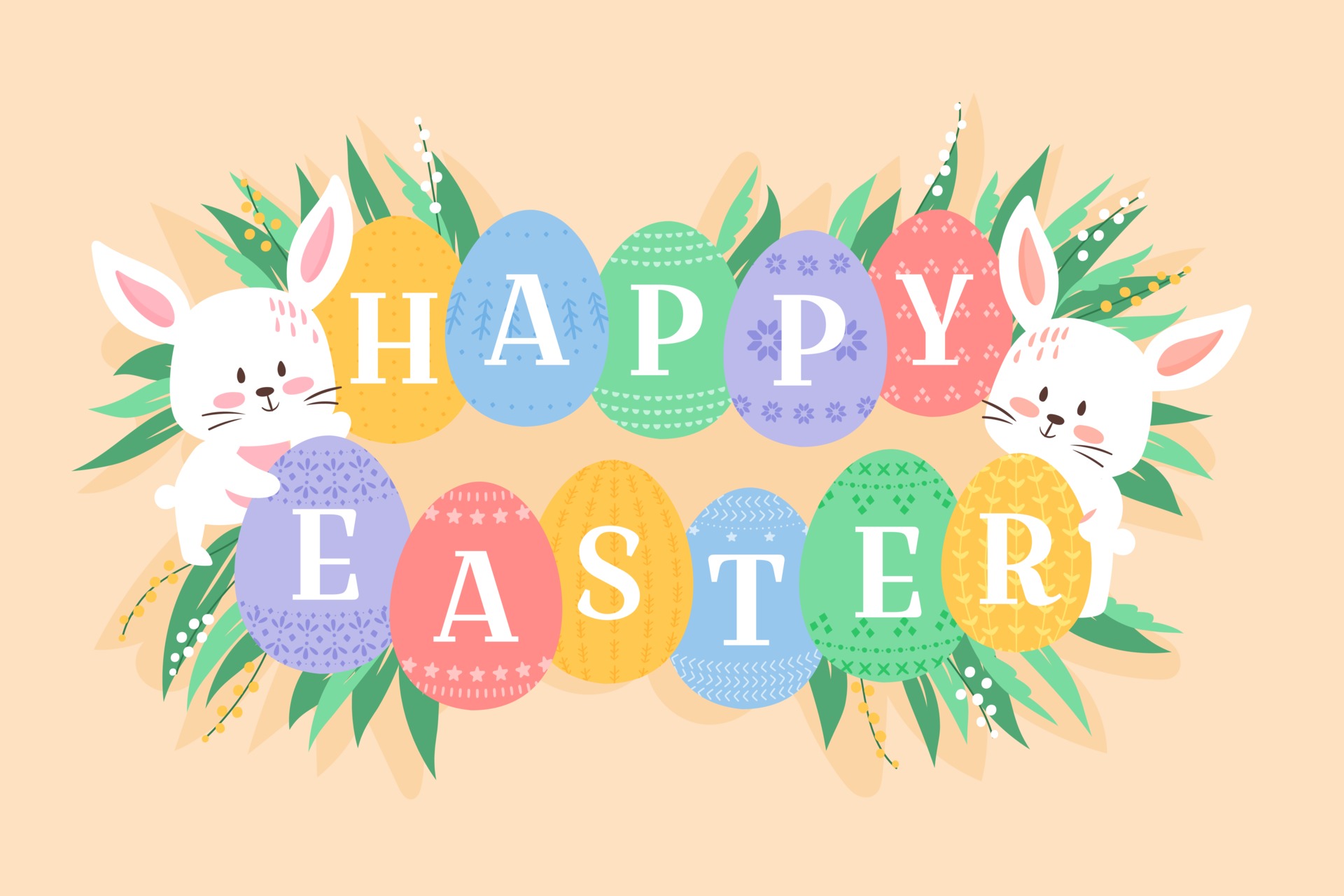Easter background vector illustration, cute flat cartoon style. Baby  rabbits with decorated eggs. Bunny holding ornated eggs with Happy Easter  heading. White kitten muzzles and eggs among fresh grass. 2175069 Vector Art