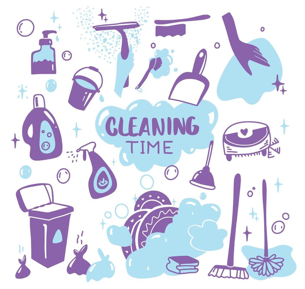 suministros de limpieza doodle aislado en blanco. productos de limpieza, botellas, spray, esponja, cepillo, guantes. varios artículos o herramientas de limpieza. concepto de las tareas del hogar. vector