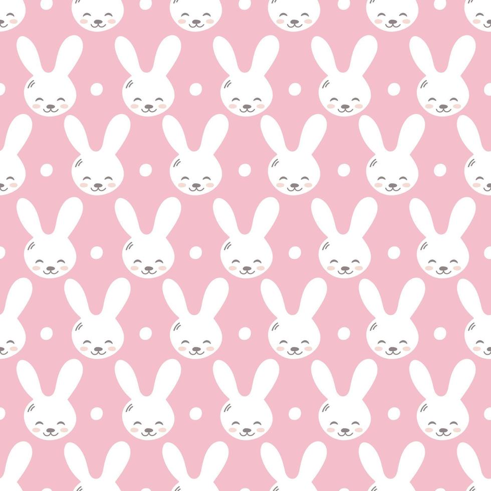 Seamless pattern with cute rabbit muzzles, flat handdrawn style. Geometric ornament with little bunnies. Kittens pretty heads with little ears. Rhombus greed style pattern vector illustration