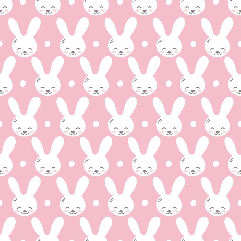 Seamless pattern with cute rabbit muzzles, flat handdrawn style. Geometric ornament with little bunnies. Kittens pretty heads with little ears. Rhombus greed style pattern vector illustration