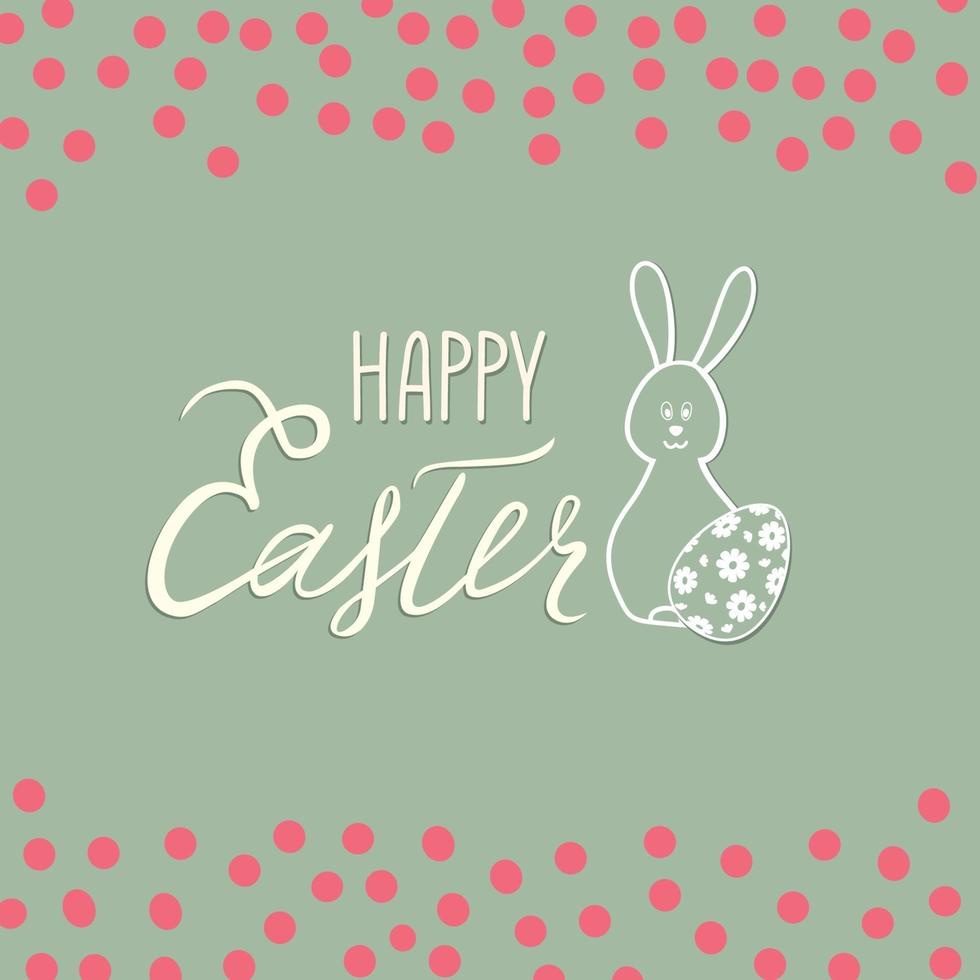 Happy Easter greeting card. Spring holiday background with rabbit bunny and handwritten lettering HAPPY EASTER over line drawn Easter icons eggs and retro background. vector