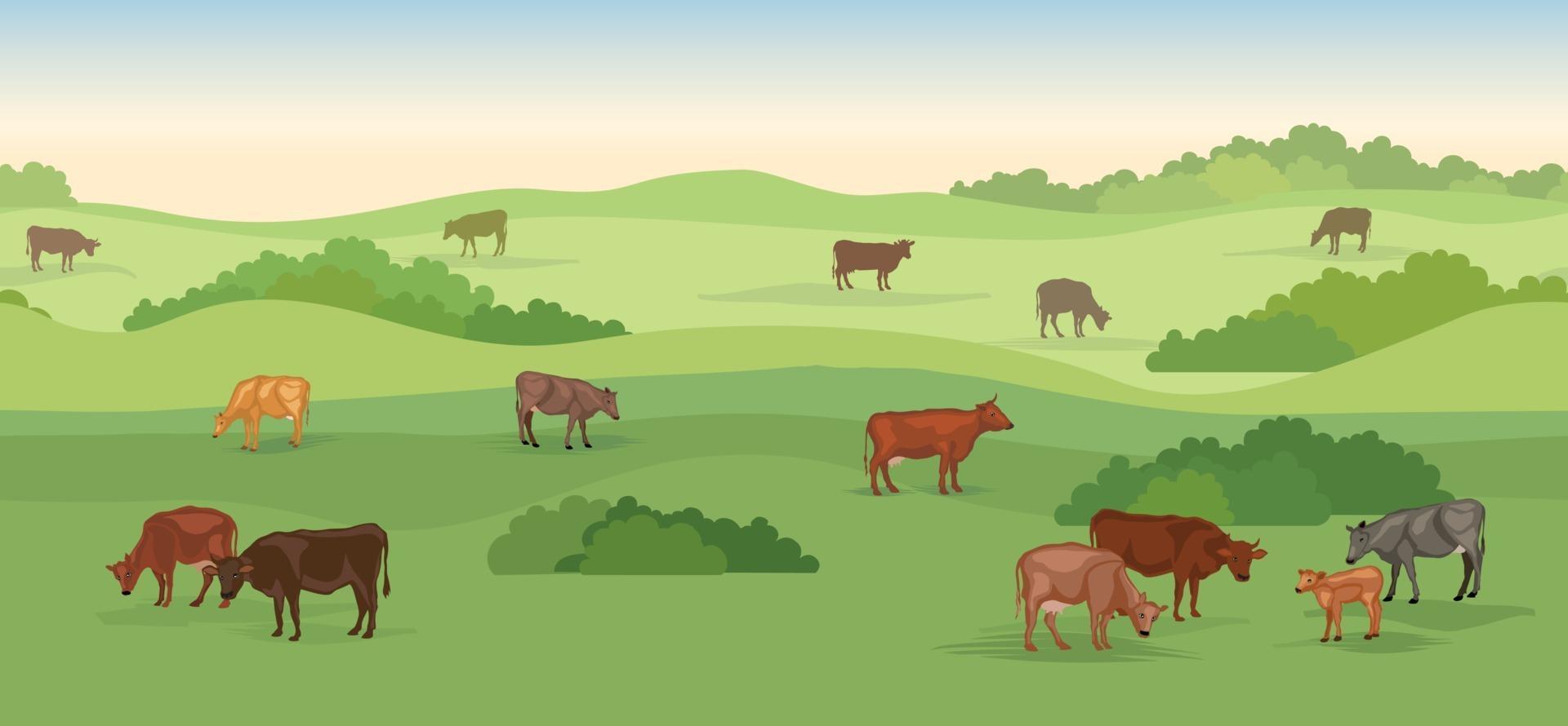 Rural dairy farm landscape with cows over seamless panoramic horizon. Hills, meadows, trees and fields skyline. Summer nature  background. Pasture grass for cows. vector