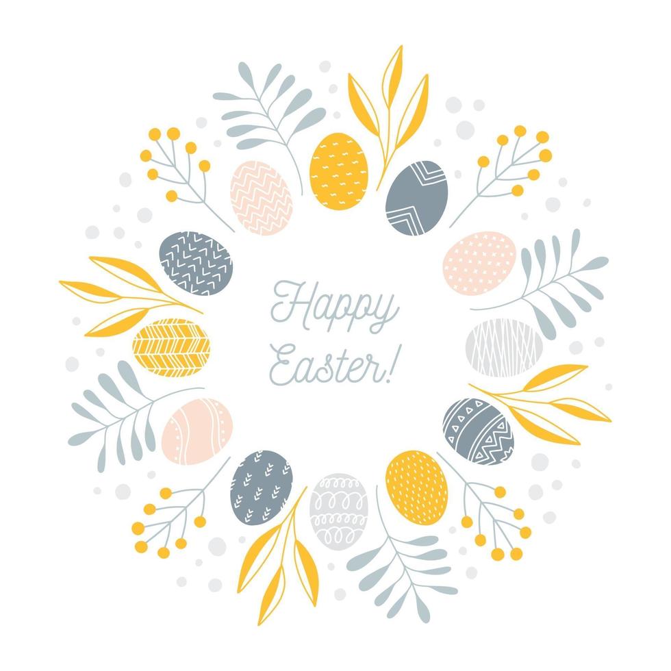 Round Easter wreath with painted eggs and floral branches and leaves, minimalist Scandinavian nordic folk style, vector illustration isolated