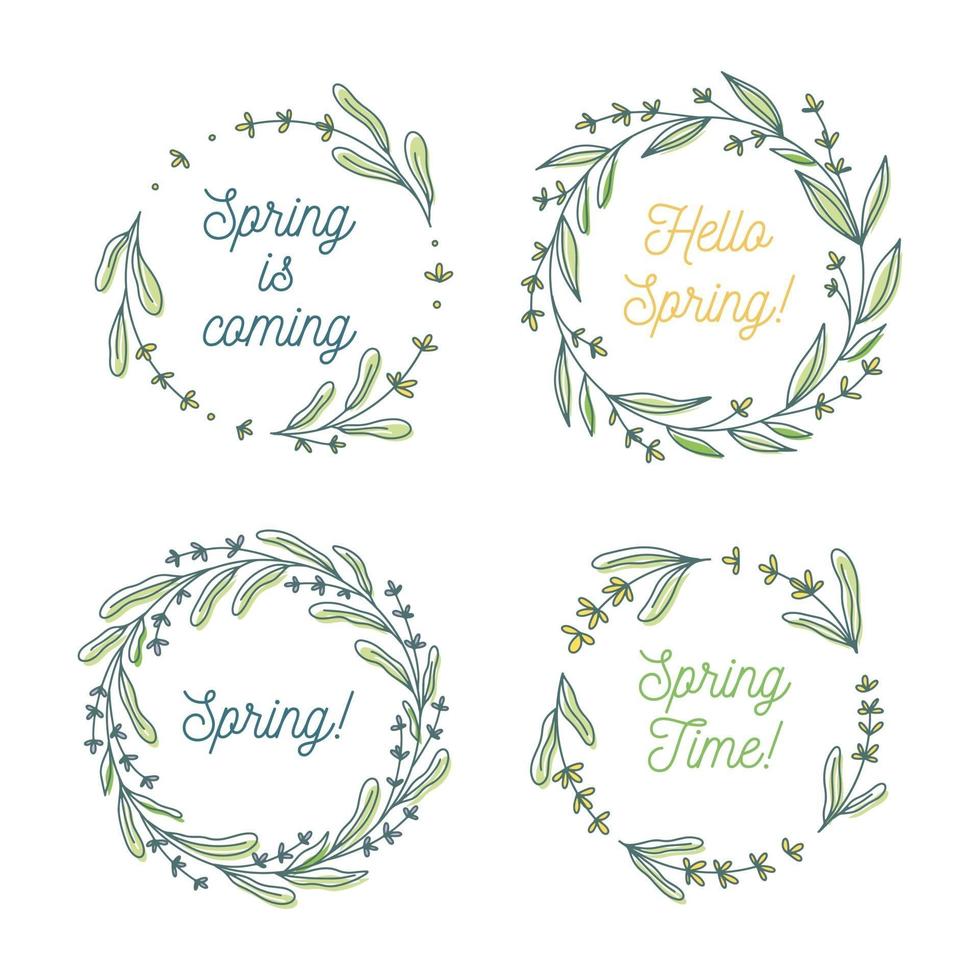Hello spring, Spring is coming floral wreath collection, hand drawn vector illustration isolated on white. Decorative round frames with flowers and leaves, ink sketch