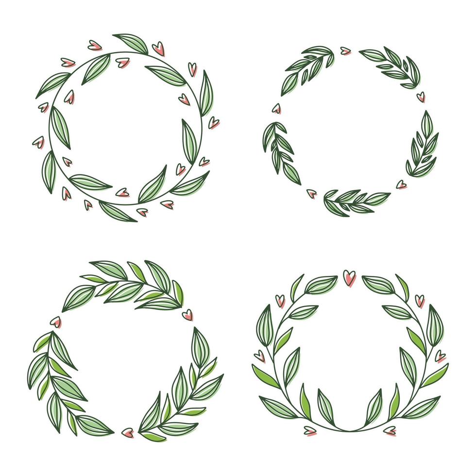 Floral wreath collection, hand drawn vector illustration isolated on white. Decorative round frames with flowers and leaves, ink sketch for wedding event invitations.