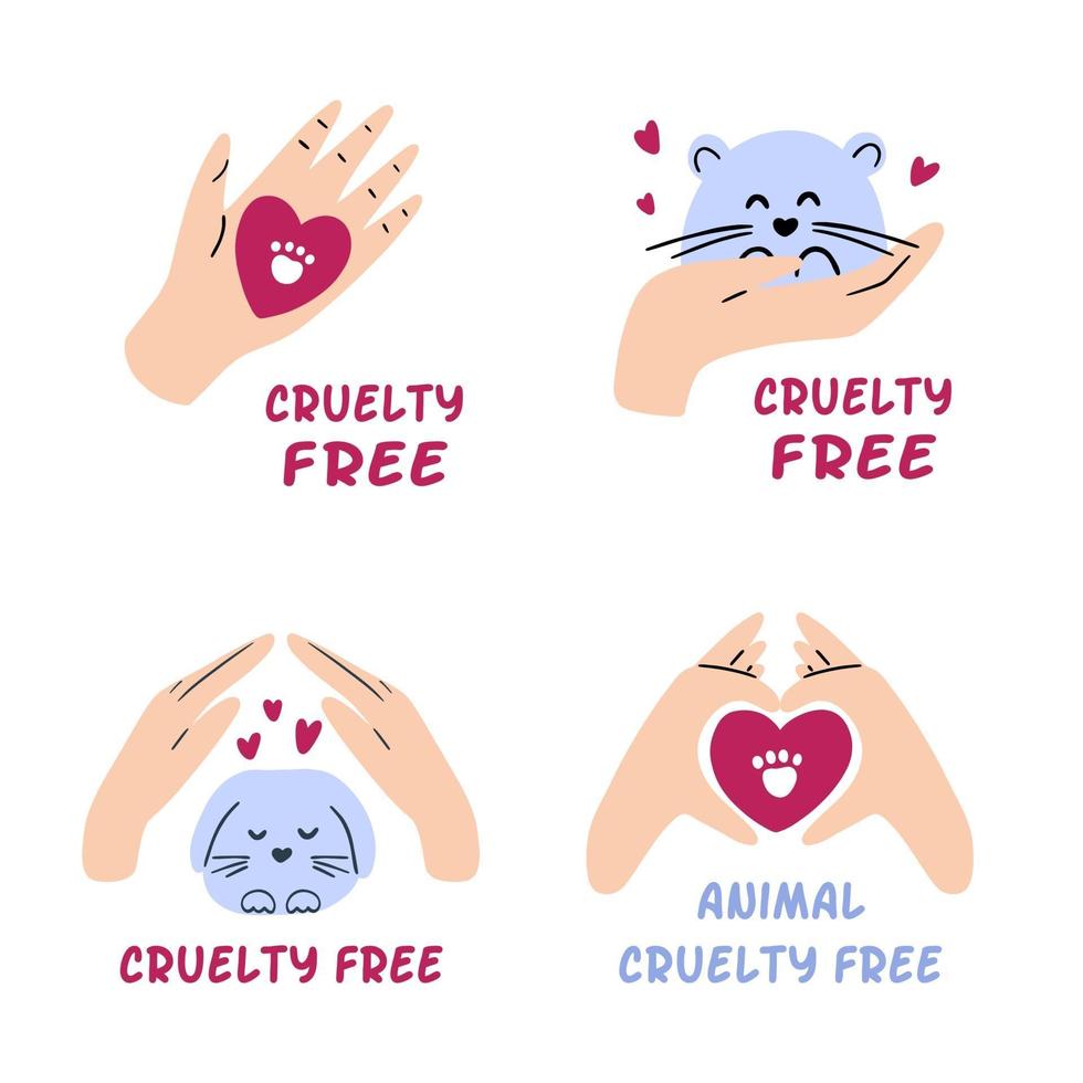 Pack of cruelty free badges. Hand drawn collection of animal testing ban labels. Not tested on animals, vegan cosmetic concept. Vector illustration.