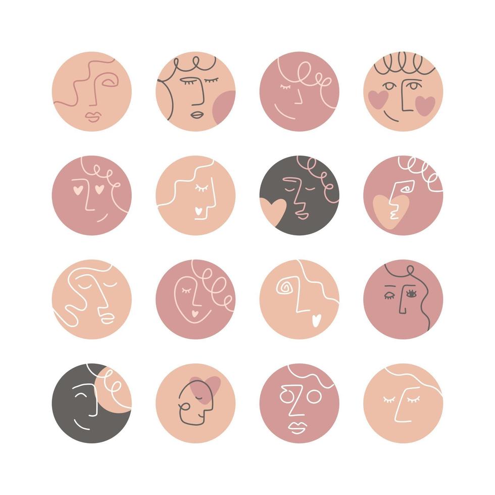 Collection of creative social media highlight covers, beauty, love, psychology theme. Design stories round icon collection. Abstract female and male faces, heads, hair, hearts. Vector illustration