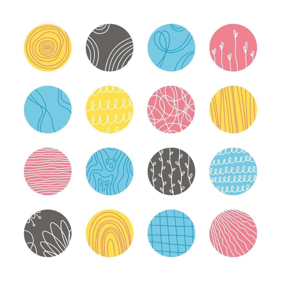 Collection of creative abstract geometric social media highlight covers.Design stories round icon collection.Spots, waves, stripes, spirals, dots, lines, checks and other patterns.Vector illustration vector