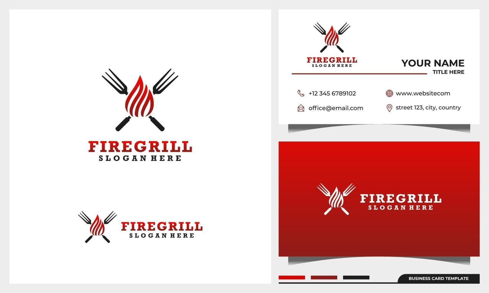 Grill barbeque logo design with business card template set vector