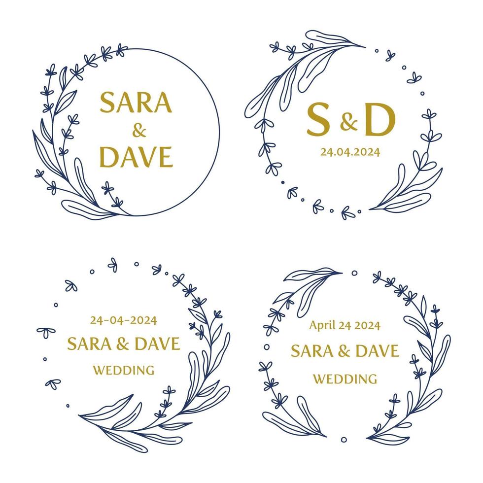 Save the date wedding monogram flower wreath collection, hand drawn vector illustration. Set of round floral frames, handdrawn for marriage ceremony invitation.