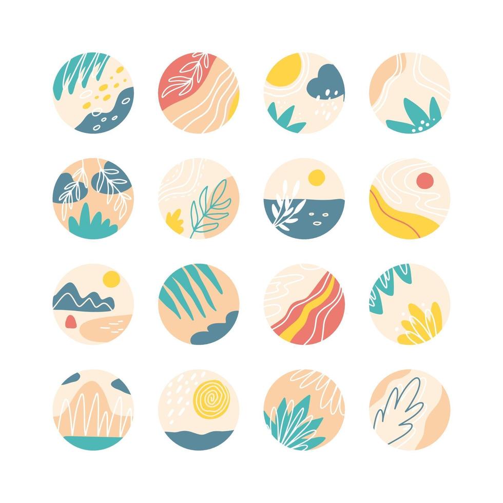 Collection of creative social media highlight covers, travel theme. Design stories round icon with floral elements collection.Sea, sun, beach, sand, mountains abstract. Vector illustration