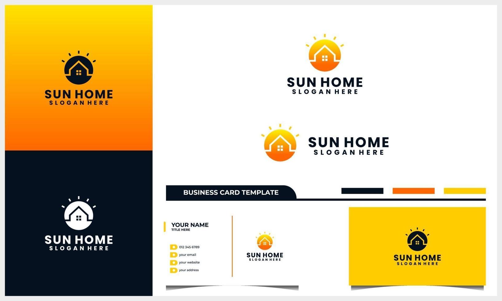 hogar o casa con sol, amanecer, concepto de logotipo al atardecer y conjunto de plantillas de tarjeta de visita vector
