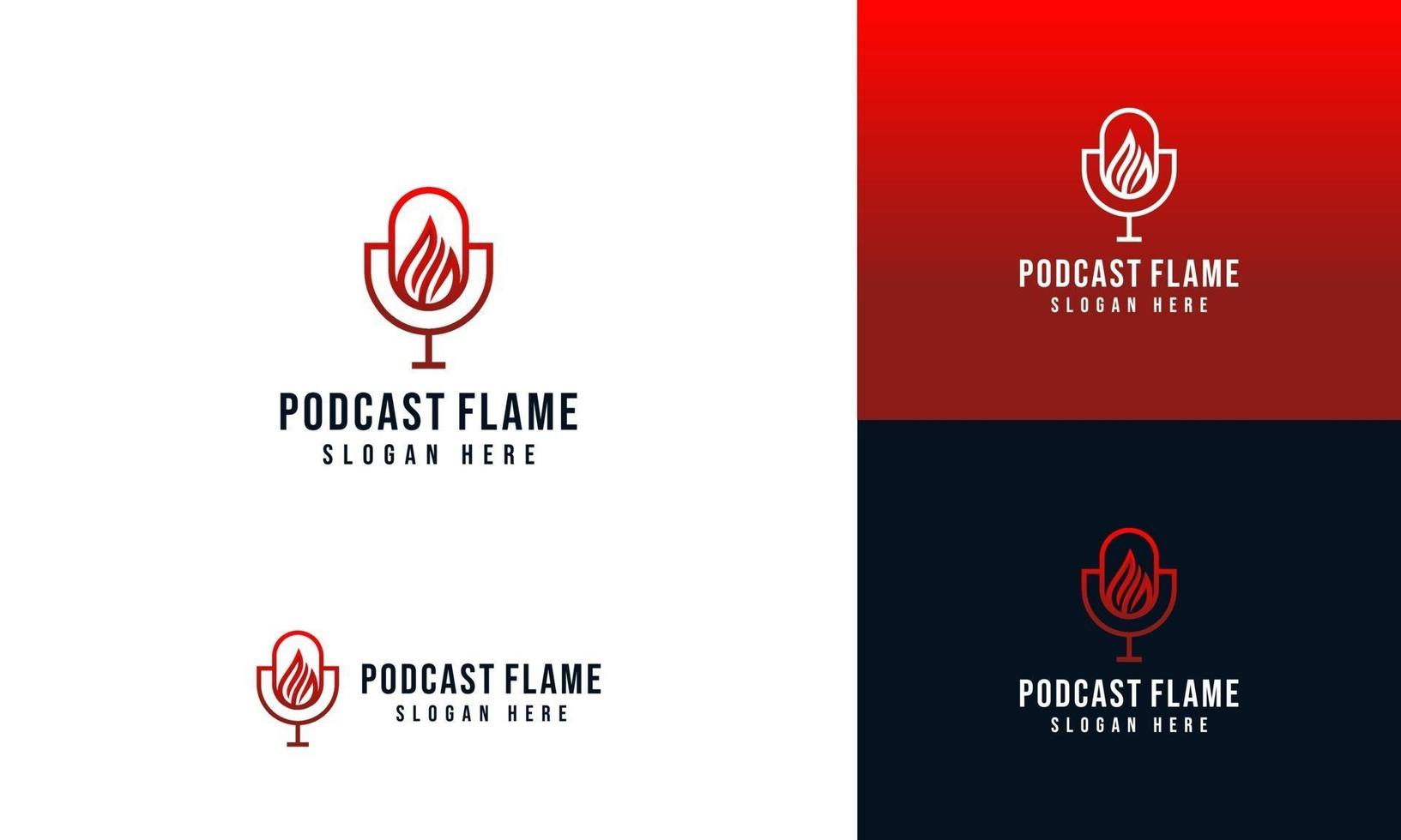 Diseño de logotipo de podcast de micrófono con concepto de llama de fuego y plantilla de tarjeta de visita vector